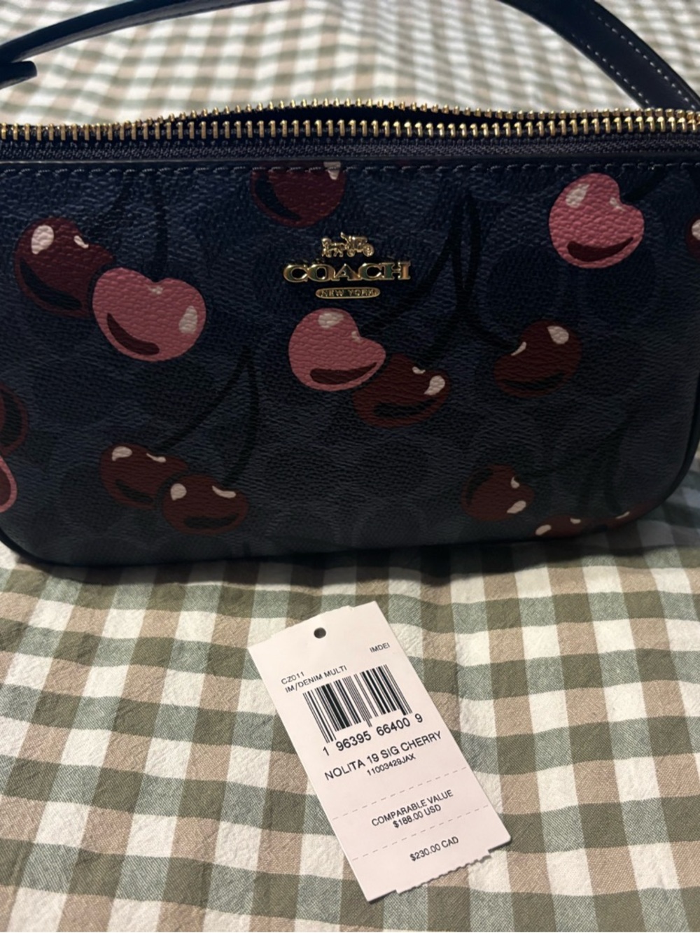 Coach Navy Nolita 19 with Cherry Print and Gold Logo